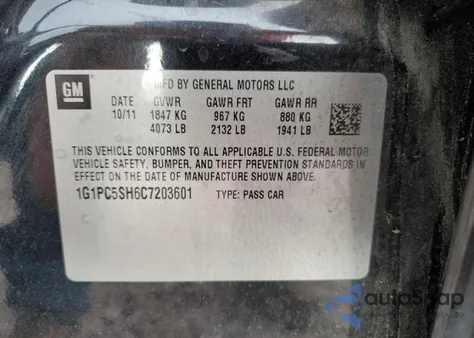 2012 Chevrolet Cruze Ls z USA, uszkodzony, nr VIN 1G1PC5SH6C7203601